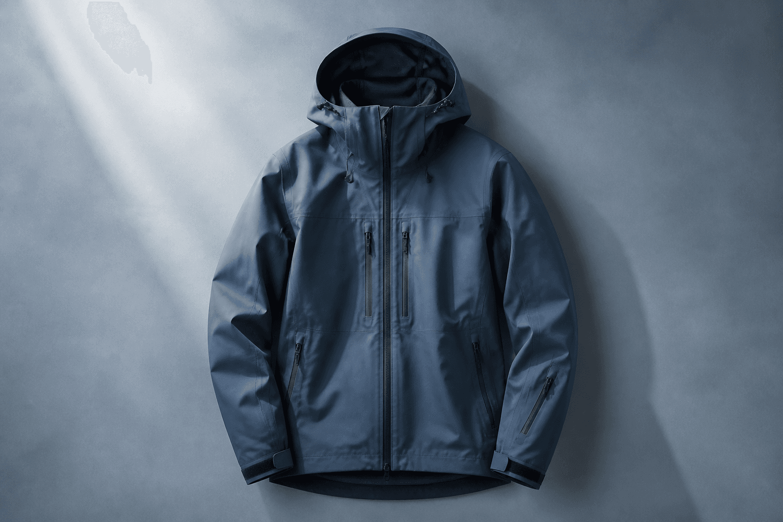 Alpine outdoor jacket on a soft blue studio backdrop
